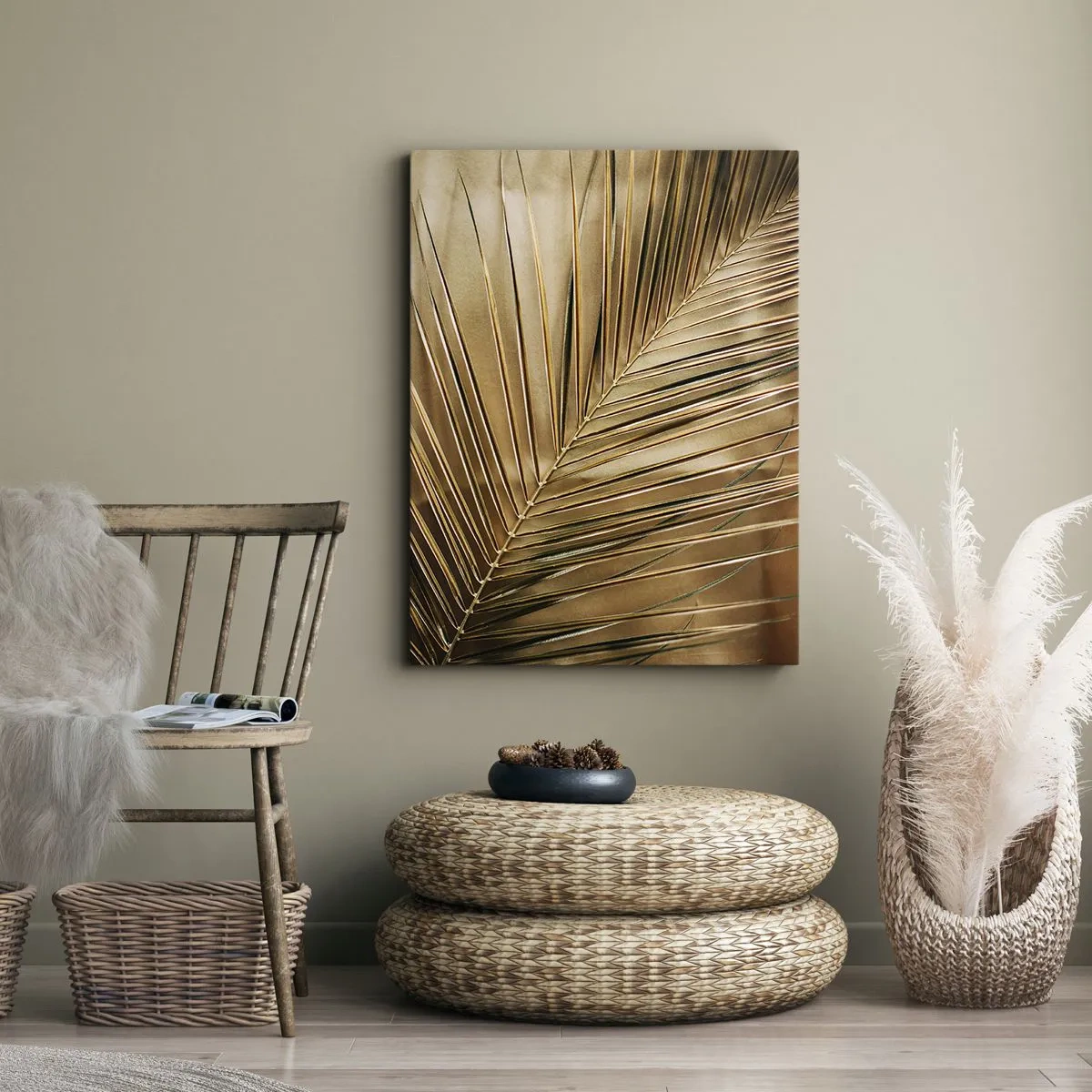 Obraz na płótnie - Złota liść palmy na jednolitym tle - 70x100cm - Naturalna kolumnada - Nowoczesna dekoracja ścienna do salonu i sypialni ARTTOR