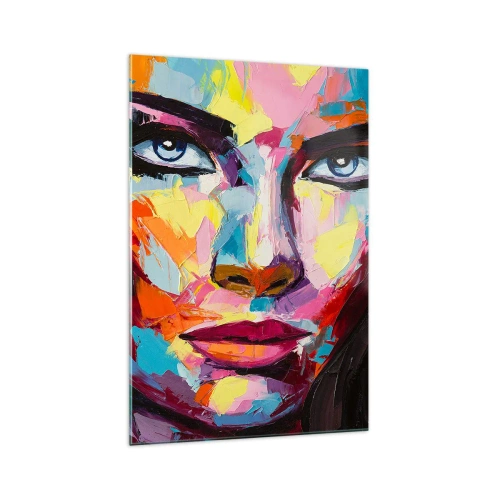 Obraz na szkle - Kolorowy abstrakcyjny portret kobiety w intensywnych barwach - 70x100cm - Dusza też kolorowa - Nowoczesna dekoracja ścienna do salonu i sypialni ARTTOR