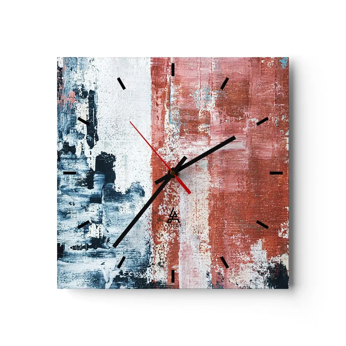 Zegar ścienny - Abstrakcja w biało-niebieskich i ceglanych barwach - 30x30cm - Abstrakcyjne pół na pół - Nowoczesna dekoracja ścienna do salonu i sypialni ARTTOR