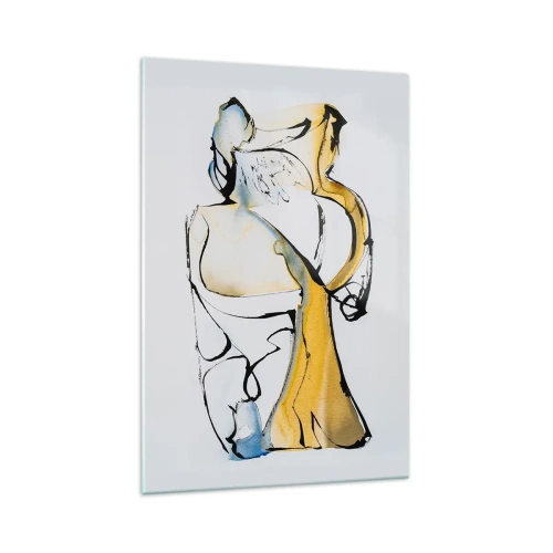 Obraz na szkle - Abstrakcyjna kompozycja sylwetek w żółto-niebieskich odcieniach - 70x100cm - Abstrakcja szklana - Nowoczesna dekoracja ścienna do salonu i sypialni ARTTOR