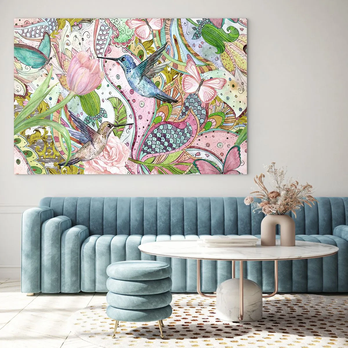 Obraz na szkle - Kolorowe kolibry wśród kwiatów i motyli - 100x70cm - Wplątane w pnączach - Nowoczesna dekoracja ścienna do salonu, kuchni i sypialni ARTTOR