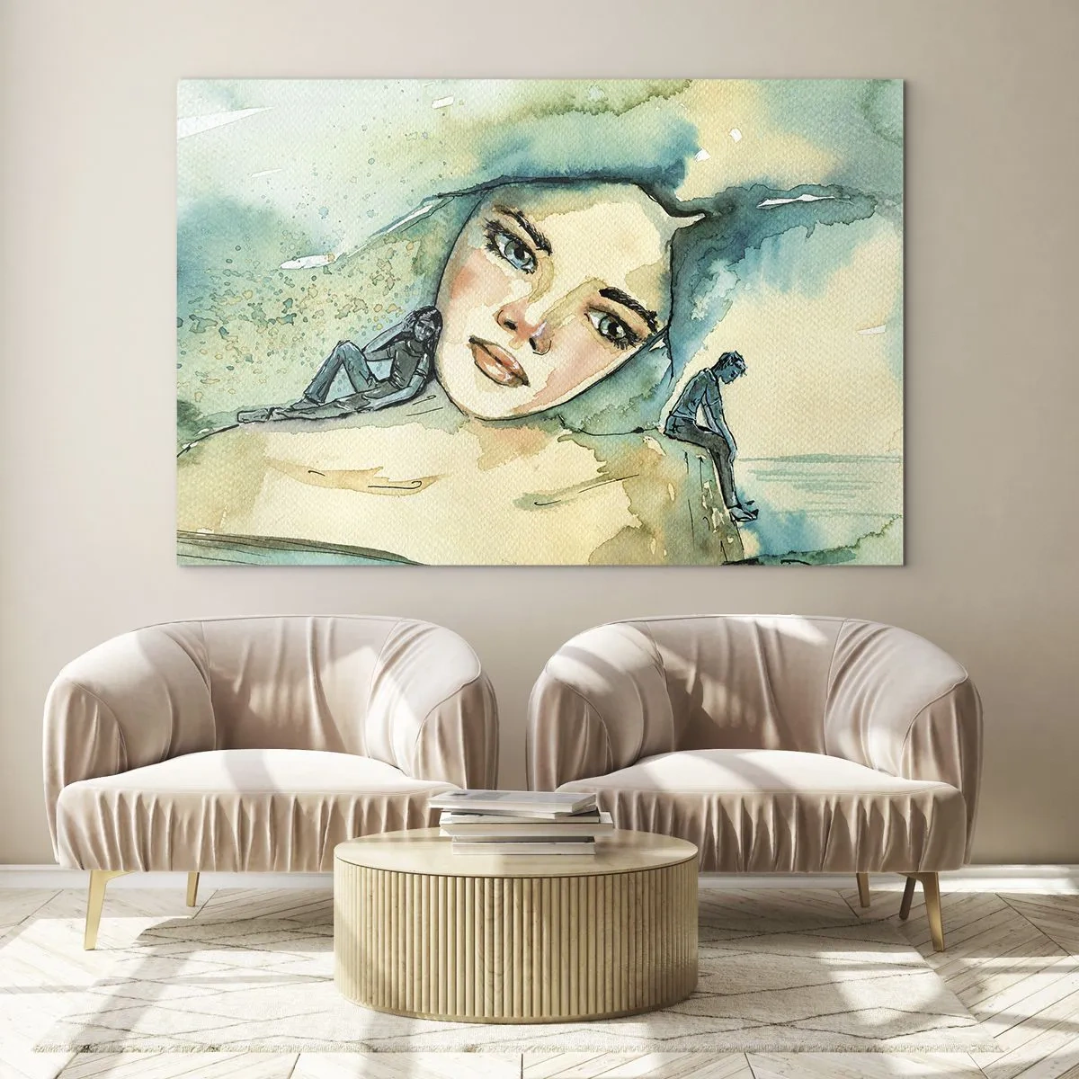 Obraz na szkle - Portret kobiety w akwarelowym stylu z sylwetkami postaci - 70x50cm - Am I blue? - Nowoczesna dekoracja ścienna do salonu i sypialni ARTTOR
