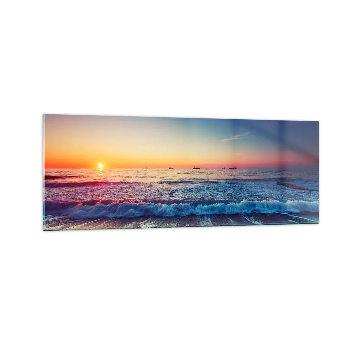 Obraz na szkle - Zachód słońca nad spokojnym morzem z falami - 140x50cm - A co za horyzontem? - Nowoczesna dekoracja ścienna do salonu i sypialni ARTTOR
