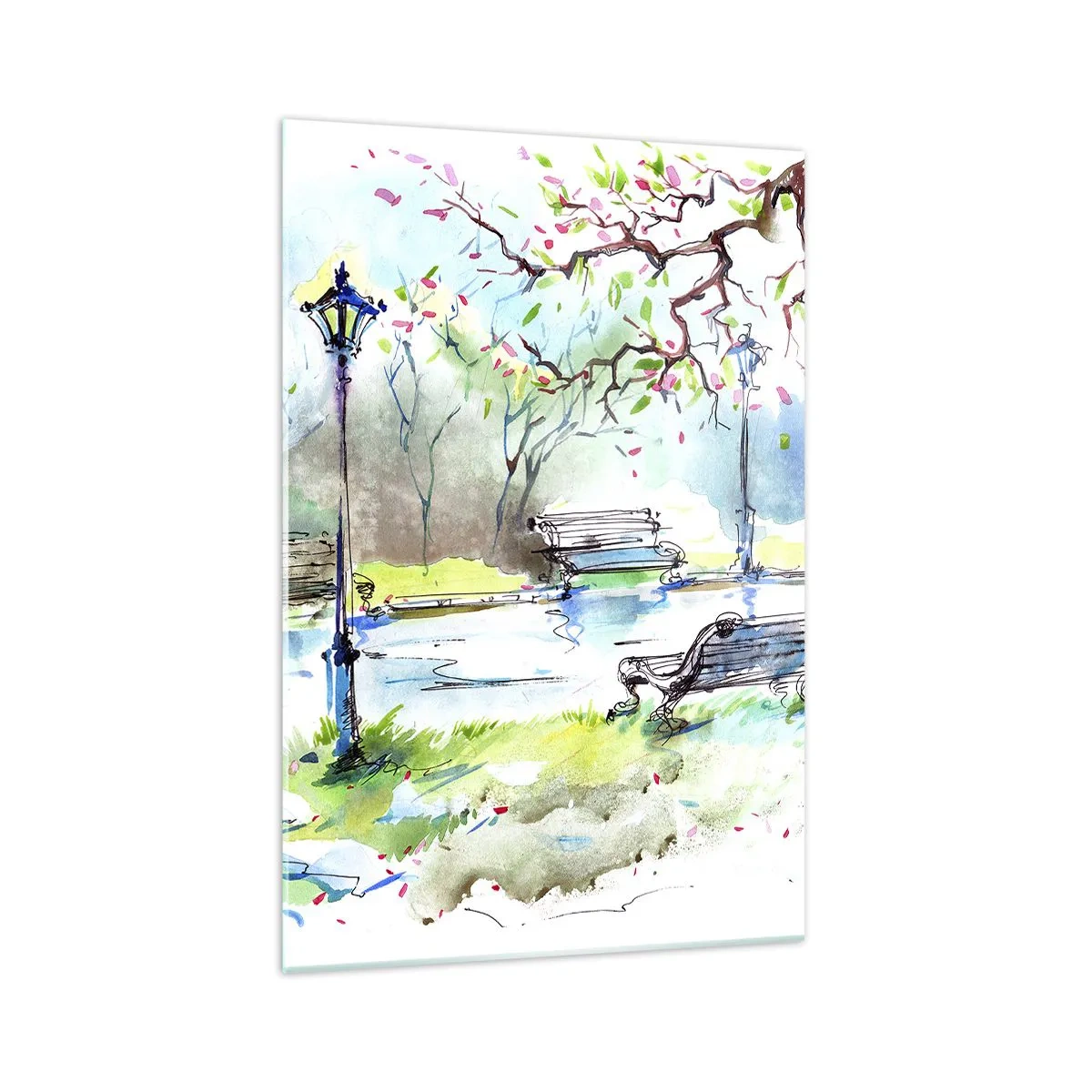 Obraz na szkle - Akwarelowa scena parku z ławkami i lampami - 70x100cm - Czar parkowej ciszy - Nowoczesna dekoracja ścienna do salonu i sypialni ARTTOR