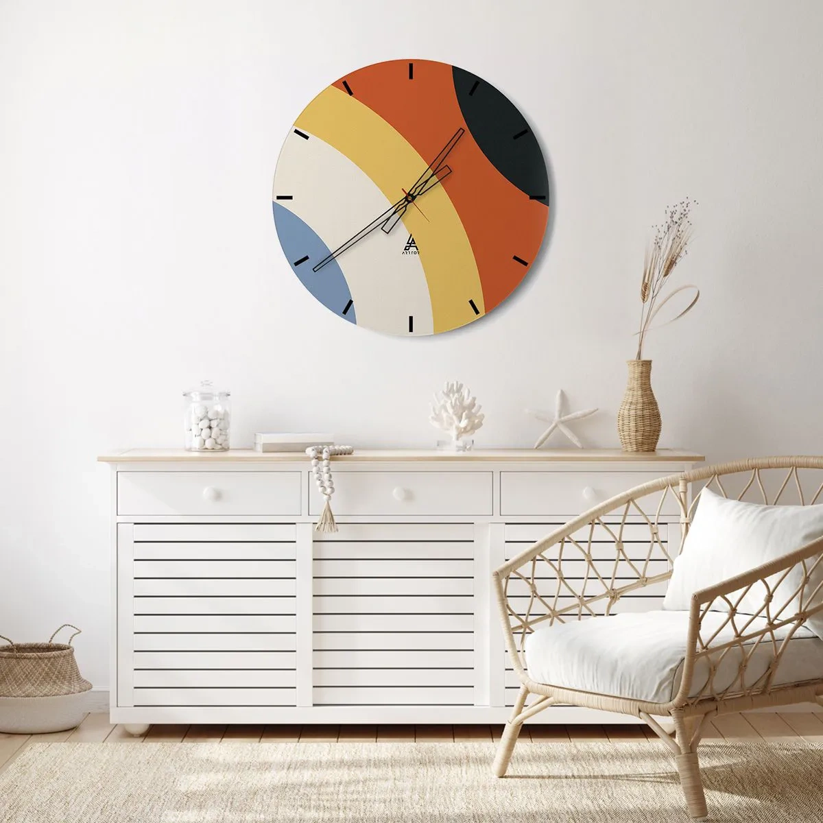 Zegar ścienny - Geometryczne łuki w odcieniach pomarańczy, beżu i błękitu - 30x30cm - Ku sobie - Nowoczesna dekoracja ścienna do salonu, kuchni i sypialni ARTTOR