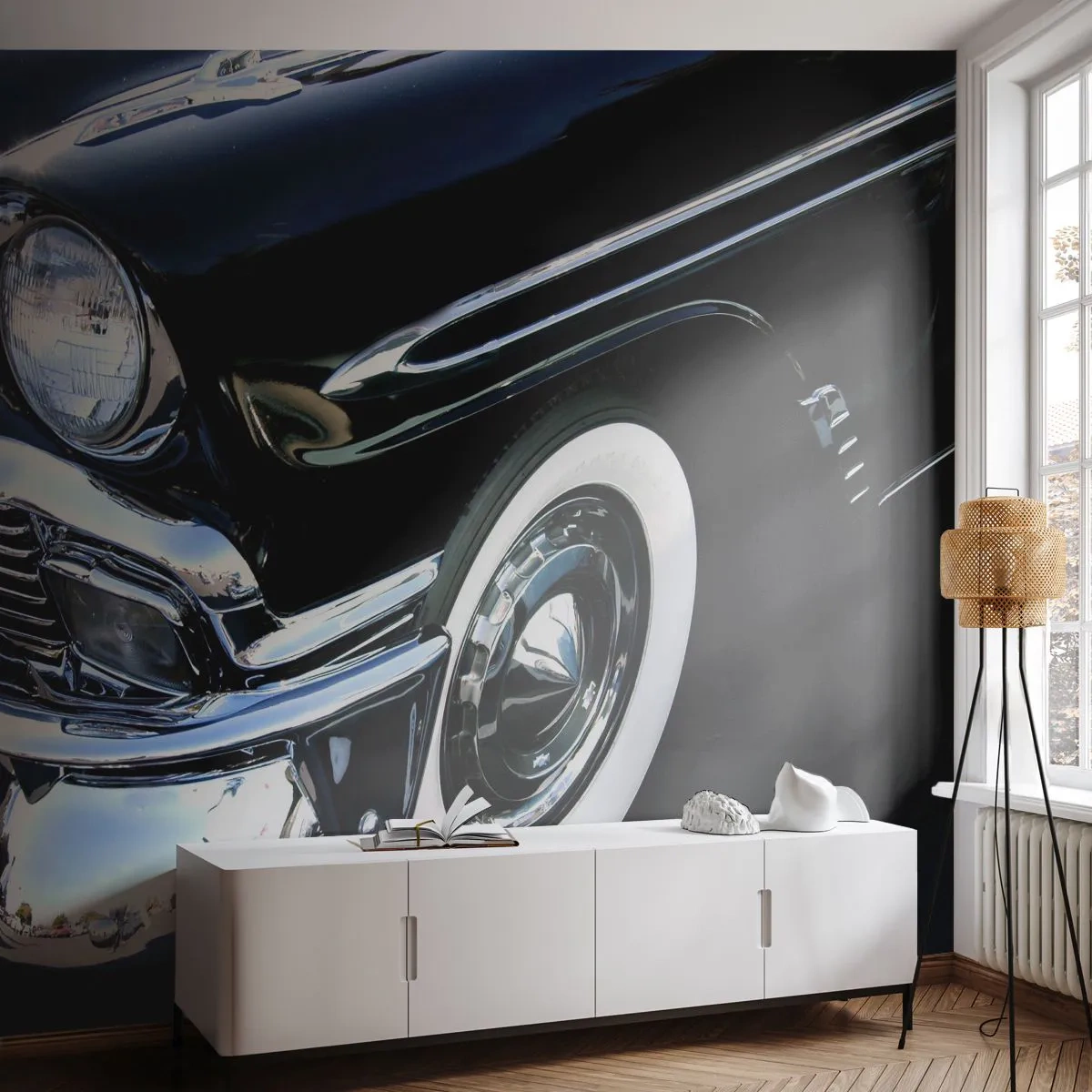 Fototapeta Premium Sand - Zbliżenie na klasyczny czarny samochód - 100x70cm - Klasyka w srebrze, czerni i bieli - Nowoczesna dekoracja ścienna do salonu, kuchni i sypialni ARTTOR