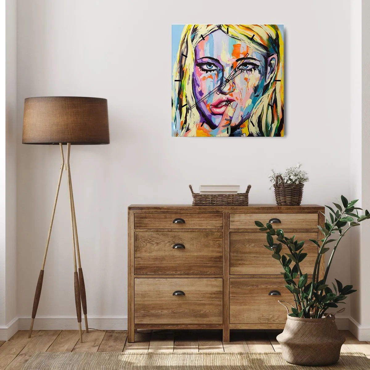 Zegar ścienny - Kolorowy portret kobiety w stylu abstrakcyjnym - 30x30cm - Spójrz jej prosto w oczy - Nowoczesna dekoracja ścienna do salonu i sypialni ARTTOR