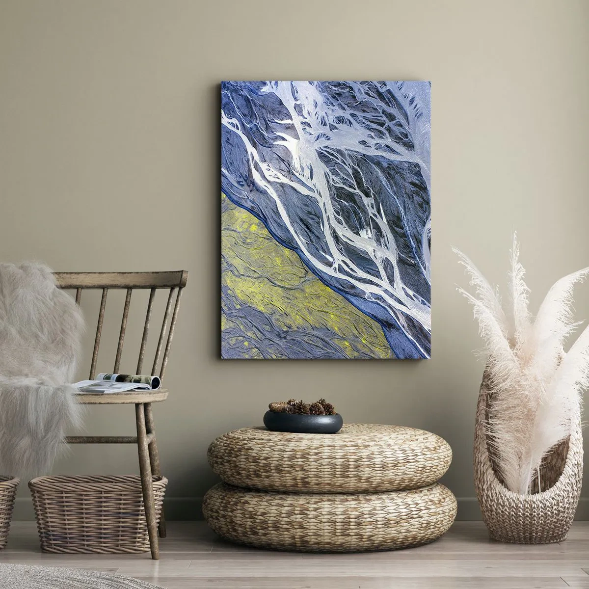 Obraz na płótnie - Abstrakcyjny widok na meandrujące koryta rzek z lotu ptaka - 70x100cm - Naskalne malowidła natury - Nowoczesna dekoracja ścienna do salonu i sypialni ARTTOR