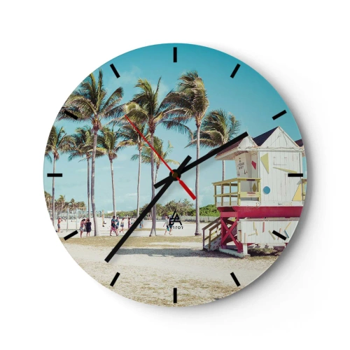 Zegar ścienny - Plaża w Miami z palmami i kolorowym ratunkowym budynkiem - 30x30cm - Przed tobą piękny dzień - Nowoczesna dekoracja ścienna do salonu, kuchni i sypialni ARTTOR