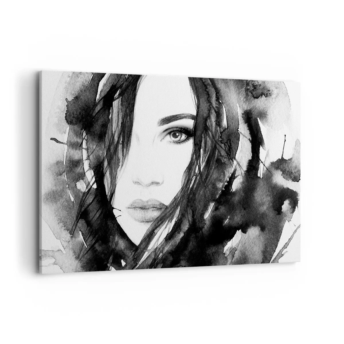Obraz na płótnie - Portret kobiety w czarno-białej akwareli - 120x80cm - Portret damy w czerni i bieli - Nowoczesna dekoracja ścienna do salonu, kuchni i sypialni ARTTOR