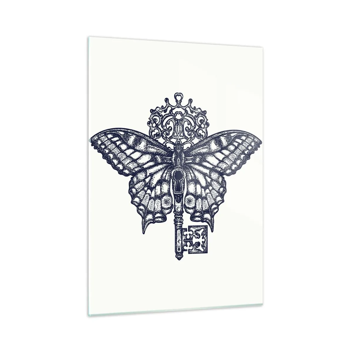 Obraz na szkle - Ilustracja przedstawiająca motyla z kluczem w centrum - 50x70cm - Wszystkie tajemnice serca - Nowoczesna dekoracja ścienna do salonu, kuchni i sypialni ARTTOR