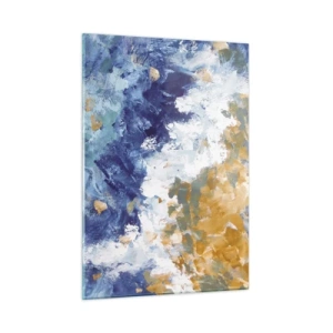 Obraz na szkle - Abstrakcyjne pociągnięcia farb w błękicie, bieli i złocie - 50x70cm - Taniec żywiołów - Nowoczesna dekoracja ścienna do salonu, kuchni i sypialni ARTTOR