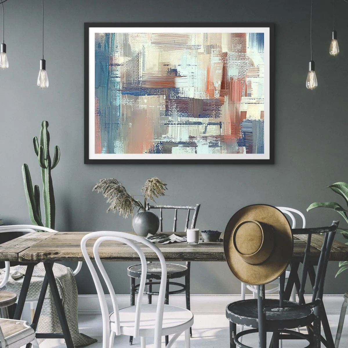 Plakat w czarnej ramie - Abstrakcyjna kompozycja w odcieniach błękitu i beżu - 70x50cm - Dotrzeć do światła - Nowoczesna dekoracja ścienna do salonu i sypialni ARTTOR