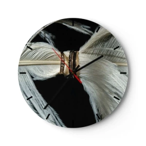 Zegar ścienny - Złote obrączki położone na białych piórach na czarnym tle - 30x30cm - ...i nie opuszczę Cię… - Nowoczesna dekoracja ścienna do salonu, kuchni i sypialni ARTTOR