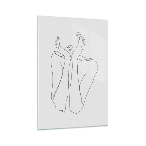 Obraz na szkle - Minimalistyczny rysunek twarzy i dłoni linią - 70x100cm - O czym marzą dziewczyny - Nowoczesna dekoracja ścienna do salonu i sypialni ARTTOR