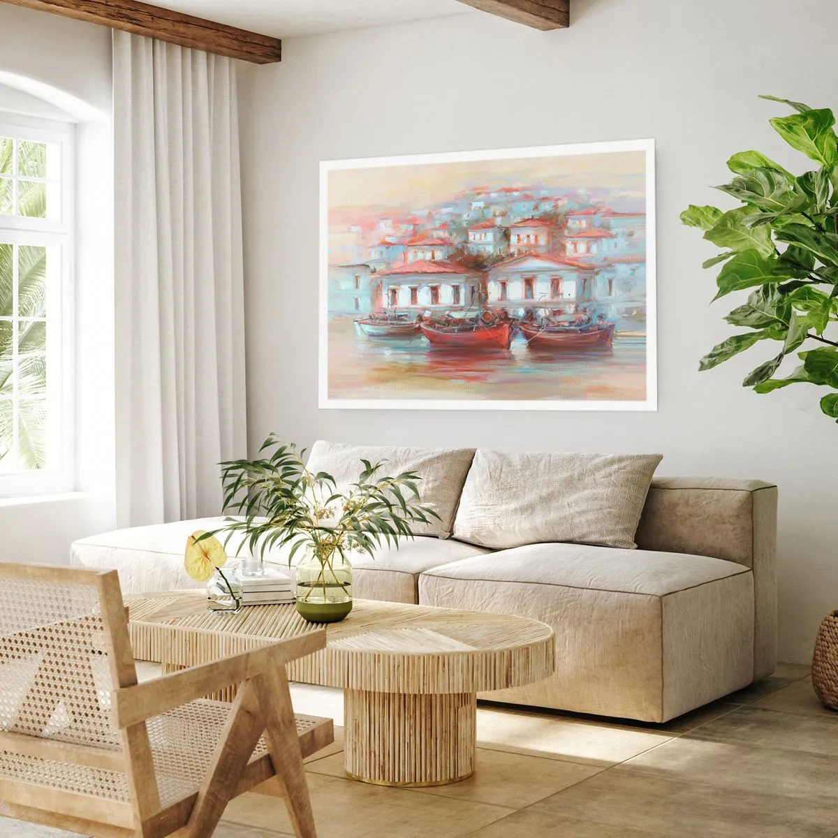 Plakat - Kolorowe łodzie i malownicze budynki nad wodą w pastelowych barwach - 100x70cm - Szczęśliwe miasteczko - Nowoczesna dekoracja ścienna do salonu i sypialni ARTTOR