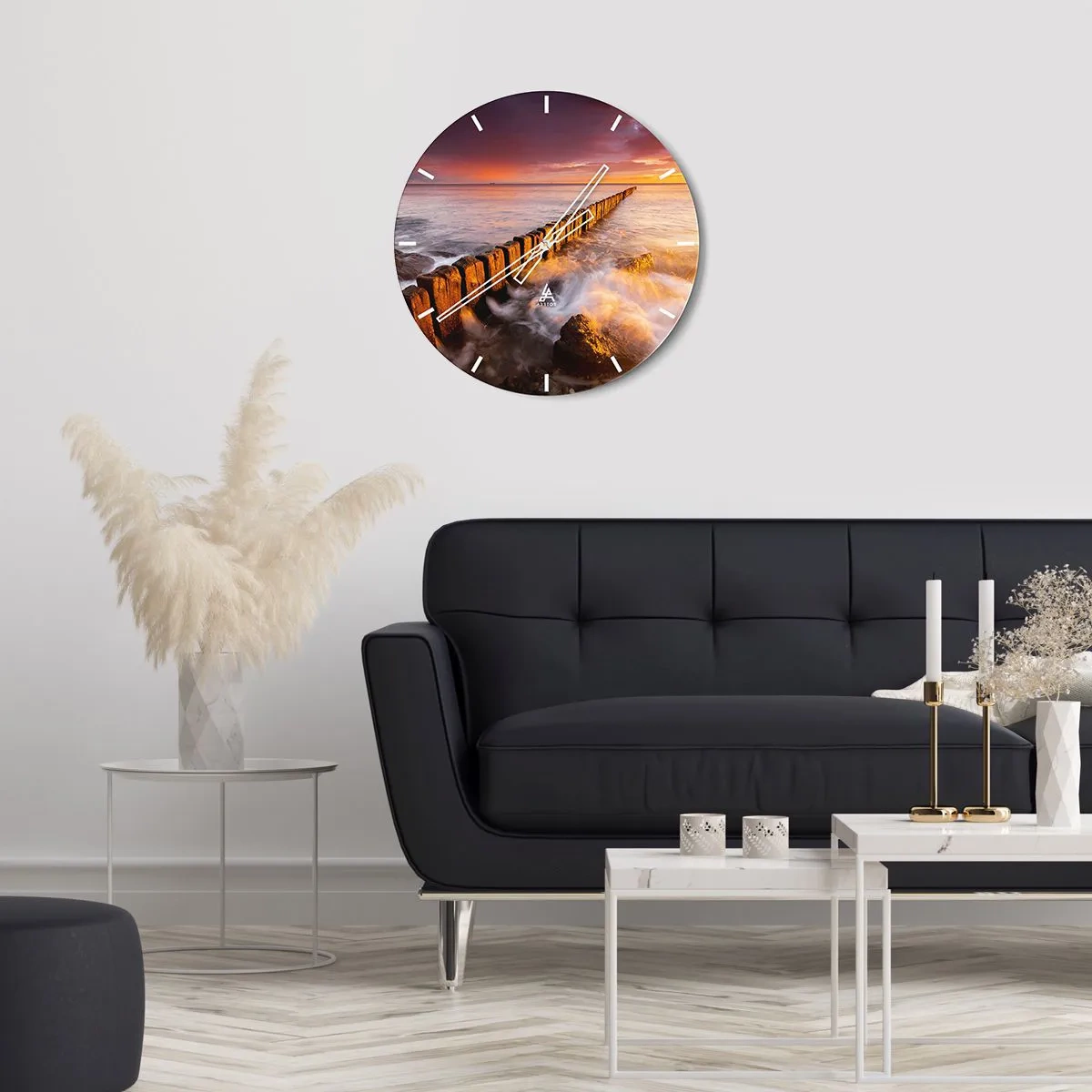 Zegar ścienny - Zachód słońca nad morzem z falochronem - 30x30cm - Łagodność fal - Nowoczesna dekoracja ścienna do salonu, kuchni i sypialni ARTTOR