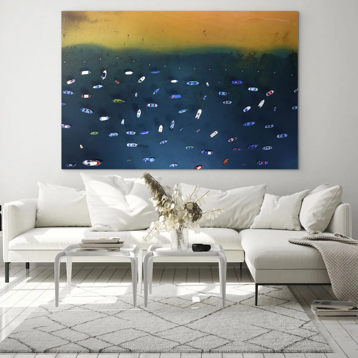 Obraz na szkle - Łodzie na tle turkusowej wody i złotego brzegu - 70x50cm - Wakacyjna gra - Nowoczesna dekoracja ścienna do salonu i sypialni ARTTOR