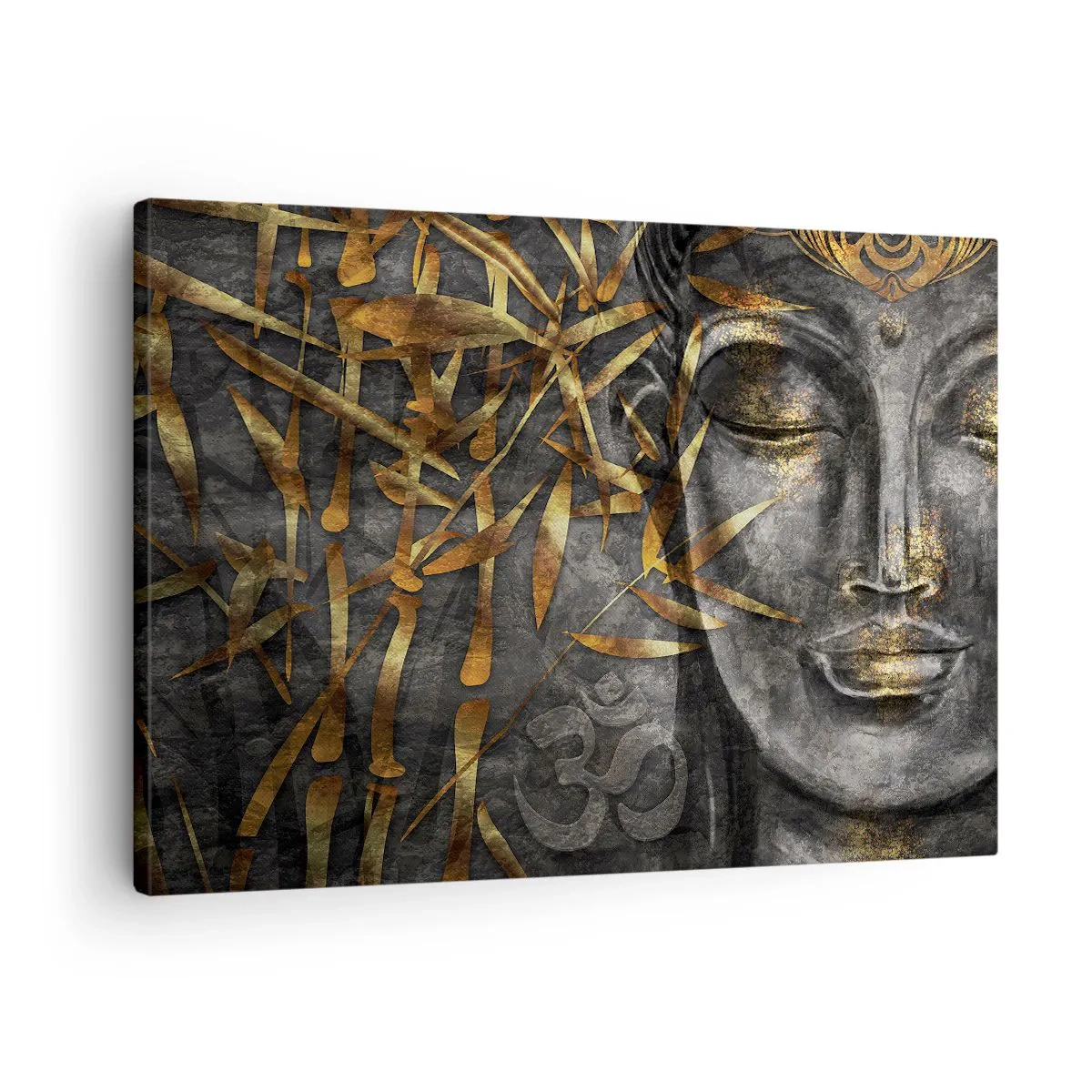 Obraz na płótnie - Zen wizerunek Buddy z złotymi bambusami - 70x50cm - Poczuj spokój - Nowoczesna dekoracja ścienna do salonu i sypialni ARTTOR