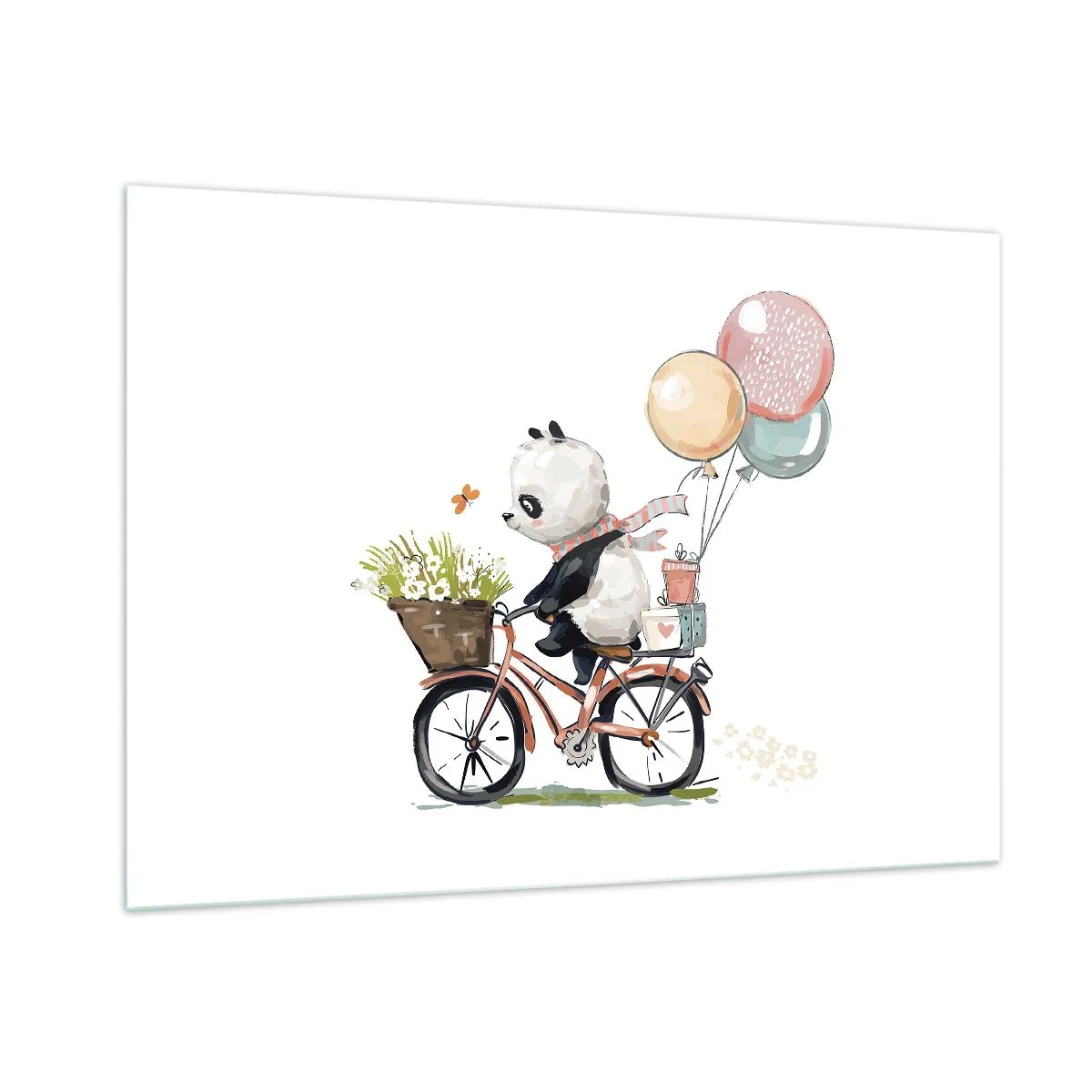Obraz na szkle - Panda jadąca na rowerze z balonami i koszykiem kwiatów - 100x70cm - Szczęśliwy dzień - Nowoczesna dekoracja ścienna do salonu, kuchni i sypialni ARTTOR