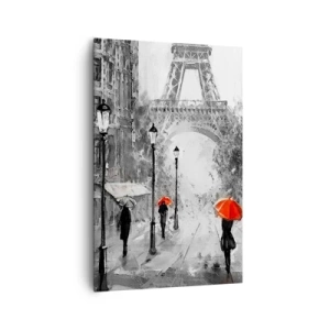 Obraz na płótnie - Ulica z widokiem na Wieżę Eiffla i czerwone parasole - 80x120cm - Wszystkie drogi prowadzą do niej - Nowoczesna dekoracja ścienna do salonu i sypialni ARTTOR