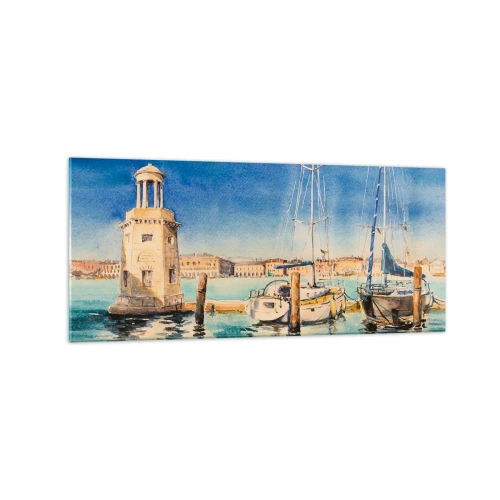 Obraz na szkle - Marina z łodziami na tle błękitnej laguny - 120x50cm - Słoneczna laguna - Nowoczesna dekoracja ścienna do salonu i sypialni ARTTOR