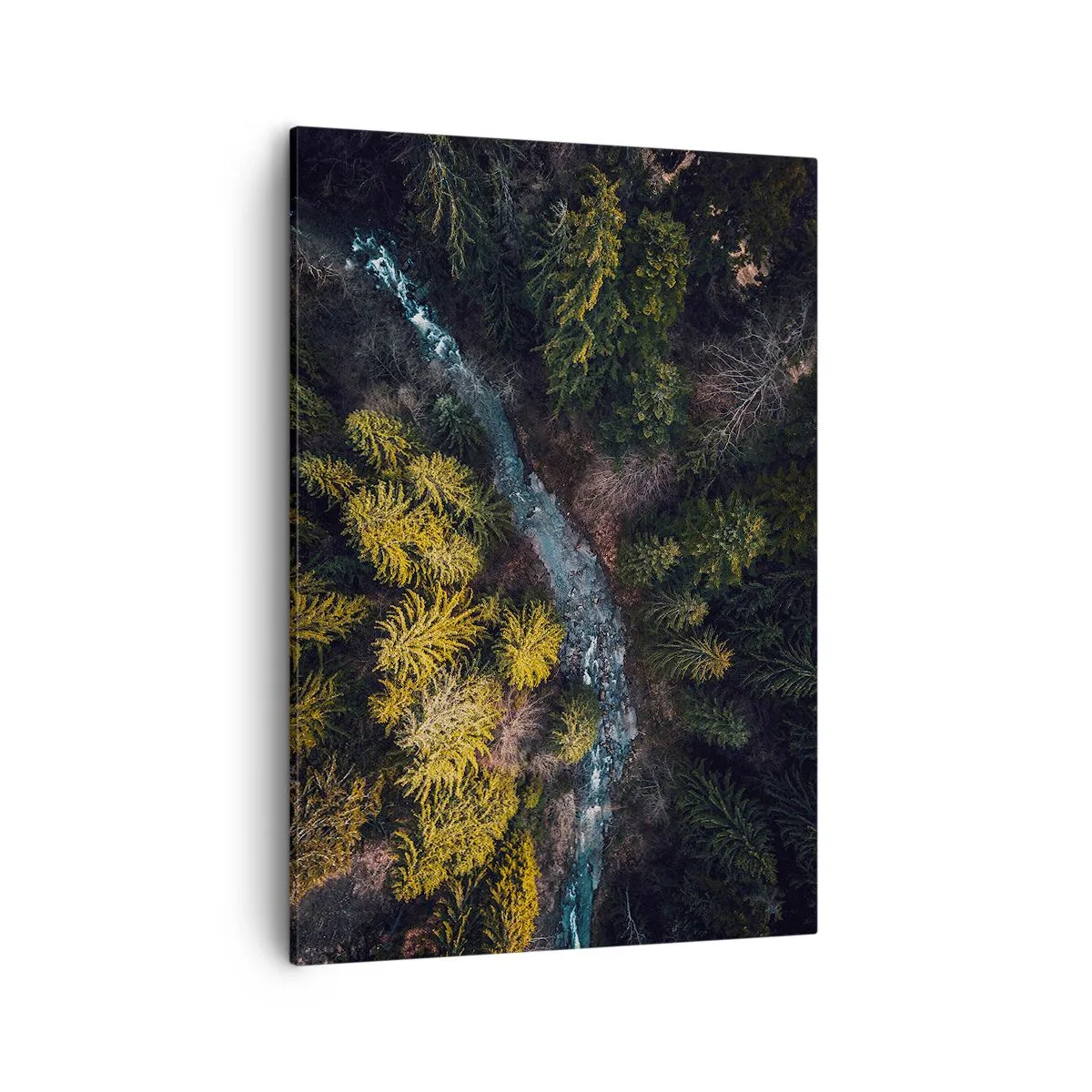 Obraz na płótnie - Widok z lotu ptaka na las z rzeką przecinającą krajobraz - 50x70cm - Szybko, coraz szybciej - Nowoczesna dekoracja ścienna do salonu, kuchni i sypialni ARTTOR