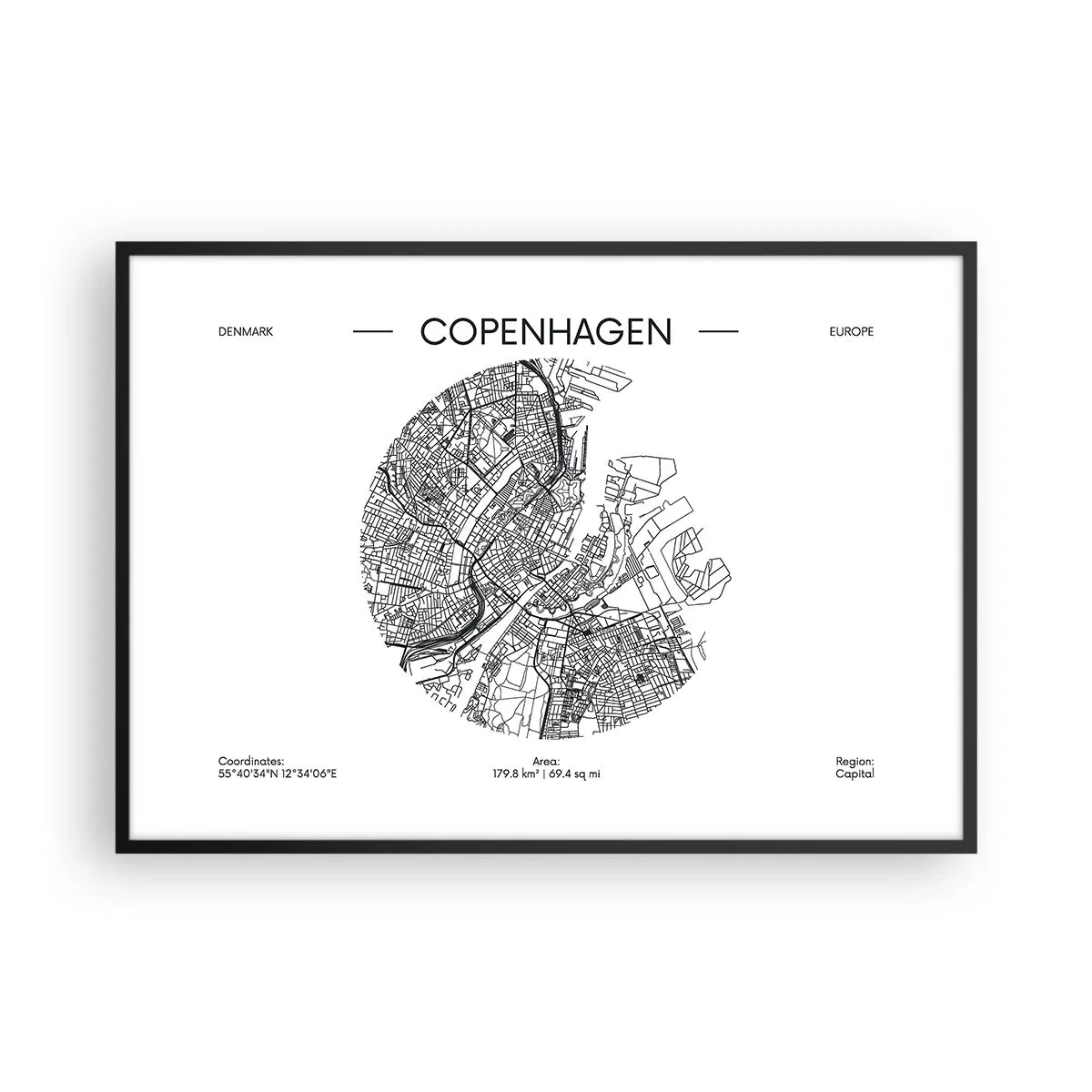 Plakat w czarnej ramie - Mapa Kopenhagi w minimalistycznym, czarno-białym stylu - 100x70cm - Anatomia Kopenhagi - Nowoczesna dekoracja ścienna do salonu i sypialni ARTTOR