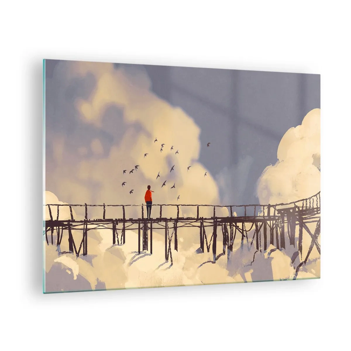 Obraz na szkle - Człowiek na drewnianym moście otoczony chmurami - 70x50cm - Niebieska tęsknota - Nowoczesna dekoracja ścienna do salonu i sypialni ARTTOR