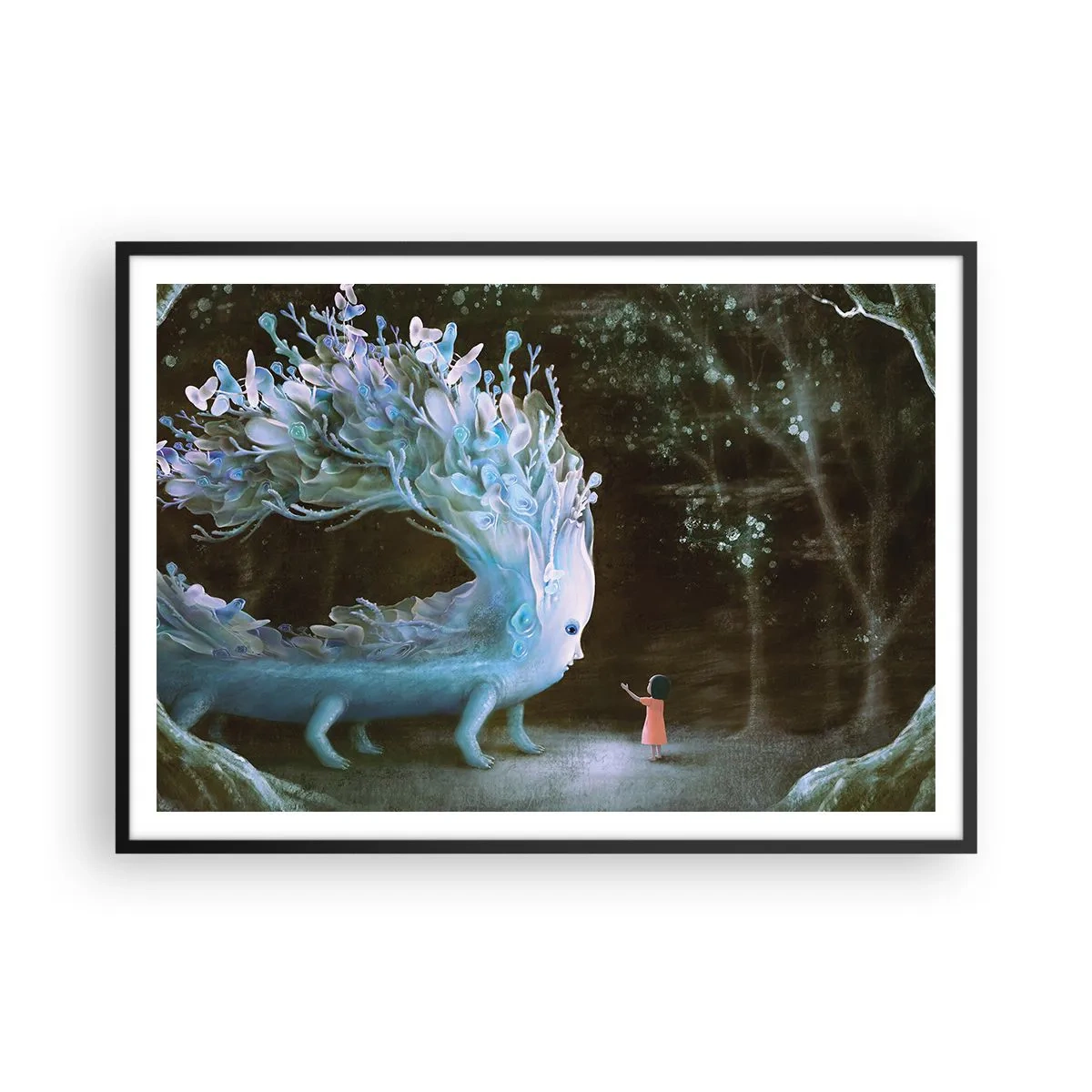 Plakat w czarnej ramie - Postać dziewczynki naprzeciw fantastycznego stworzenia - 100x70cm - Fantastyczne spotkanie - Nowoczesna dekoracja ścienna do salonu i sypialni ARTTOR