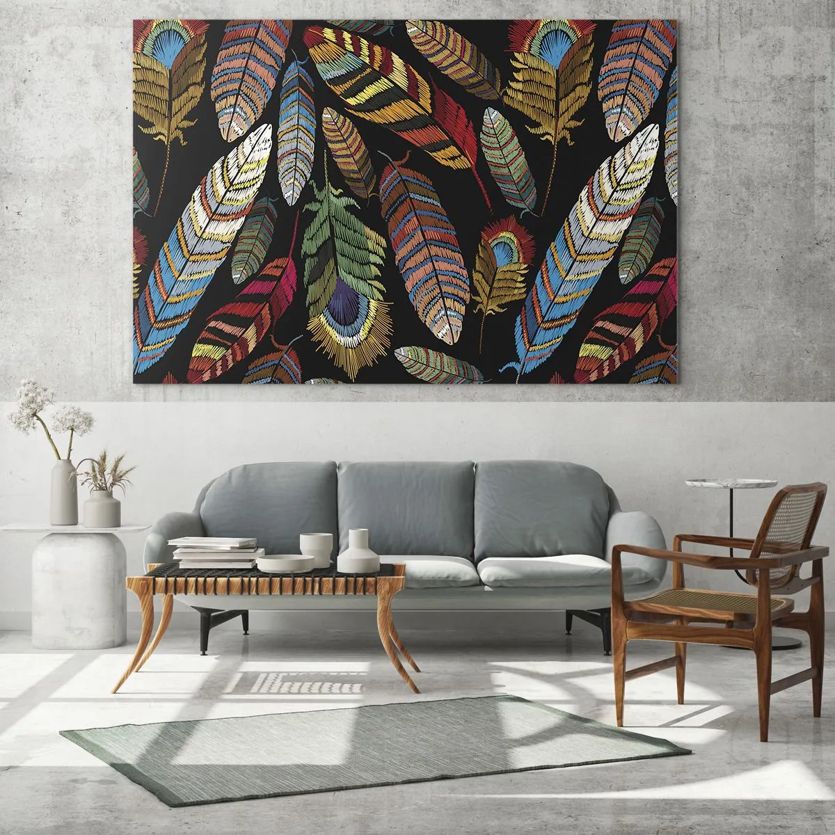 Obraz na szkle - Kolorowe pióra na ciemnym tle w artystycznym wzorze - 120x80cm - Ptasi karnawał - Nowoczesna dekoracja ścienna do salonu, kuchni i sypialni ARTTOR