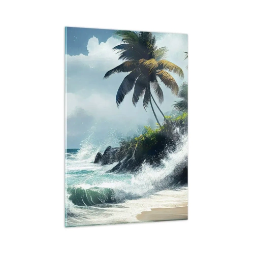 Obraz na szkle - Tropikalny brzeg z palmami i wzburzonym morzem - 80x120cm - Na tropikalnym brzegu - Nowoczesna dekoracja ścienna do salonu i sypialni ARTTOR