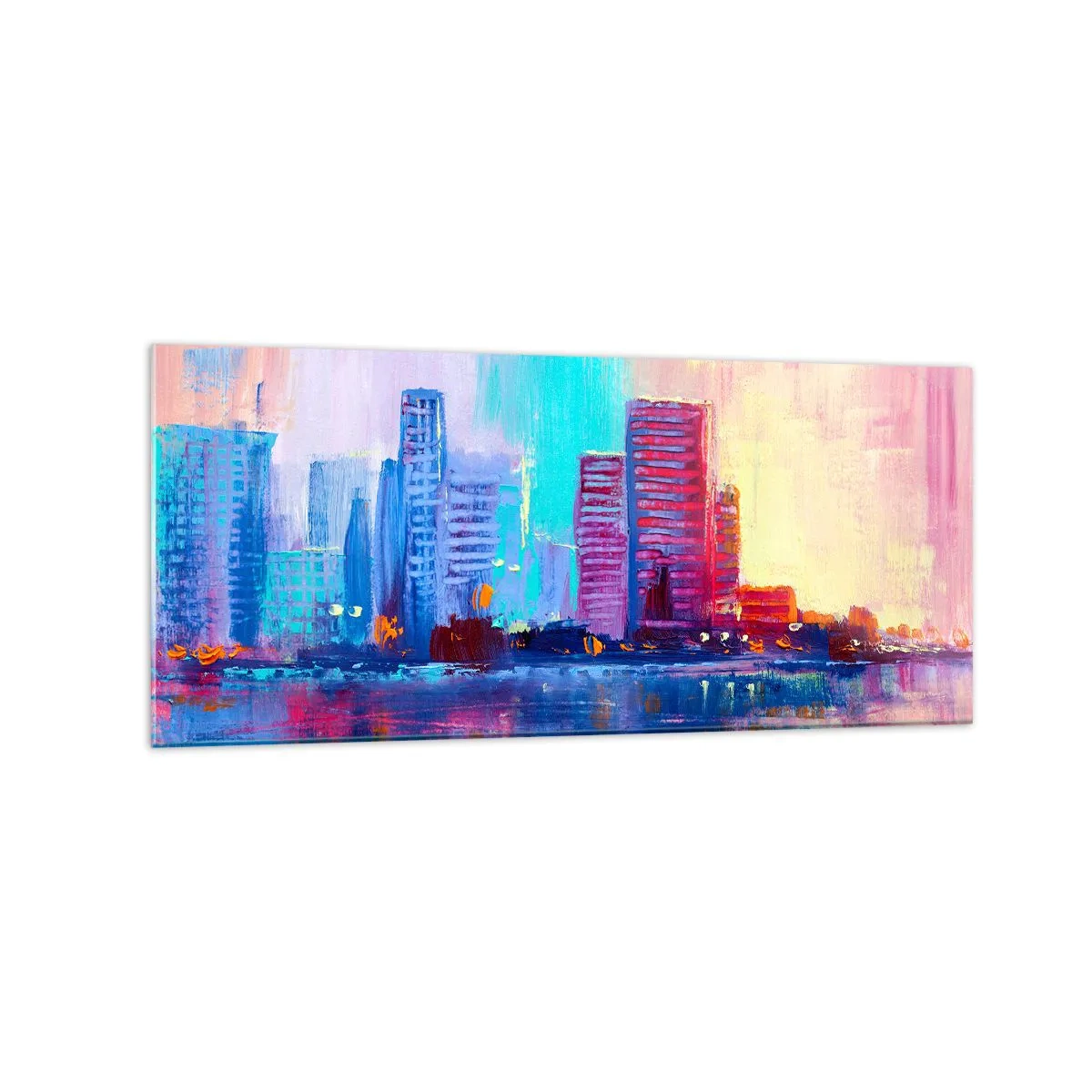 Obraz na szkle - Kolorowa panorama miasta w akwarelowym stylu - 120x50cm - Skąpane w barwach - Nowoczesna dekoracja ścienna do salonu i sypialni ARTTOR