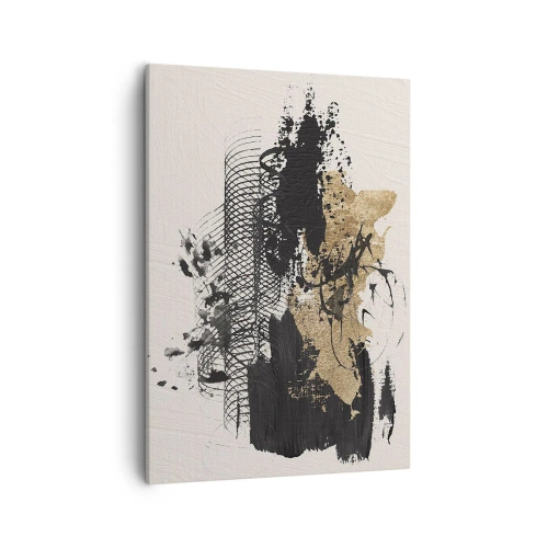 Obraz na płótnie - Abstrakcyjna kompozycja w czerni i złocie o dynamicznym charakterze - 50x70cm - Kompozycja z pasją - Nowoczesna dekoracja ścienna do salonu, kuchni i sypialni ARTTOR