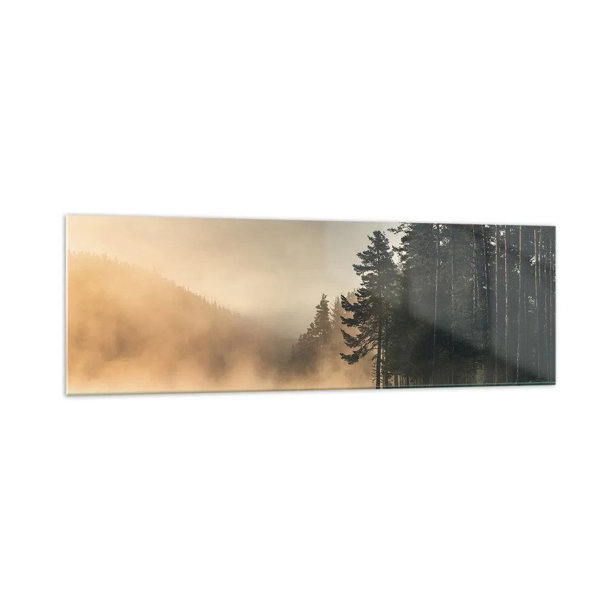 Obraz na szkle - Mglisty las nad spokojnym jeziorem - 160x50cm - Narodziny dnia - Nowoczesna dekoracja ścienna do salonu i sypialni ARTTOR