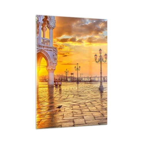 Obraz na szkle - Wschód słońca nad arkadami i placem - 50x70cm - Gdzie są wszyscy? - Nowoczesna dekoracja ścienna do salonu, kuchni i sypialni ARTTOR