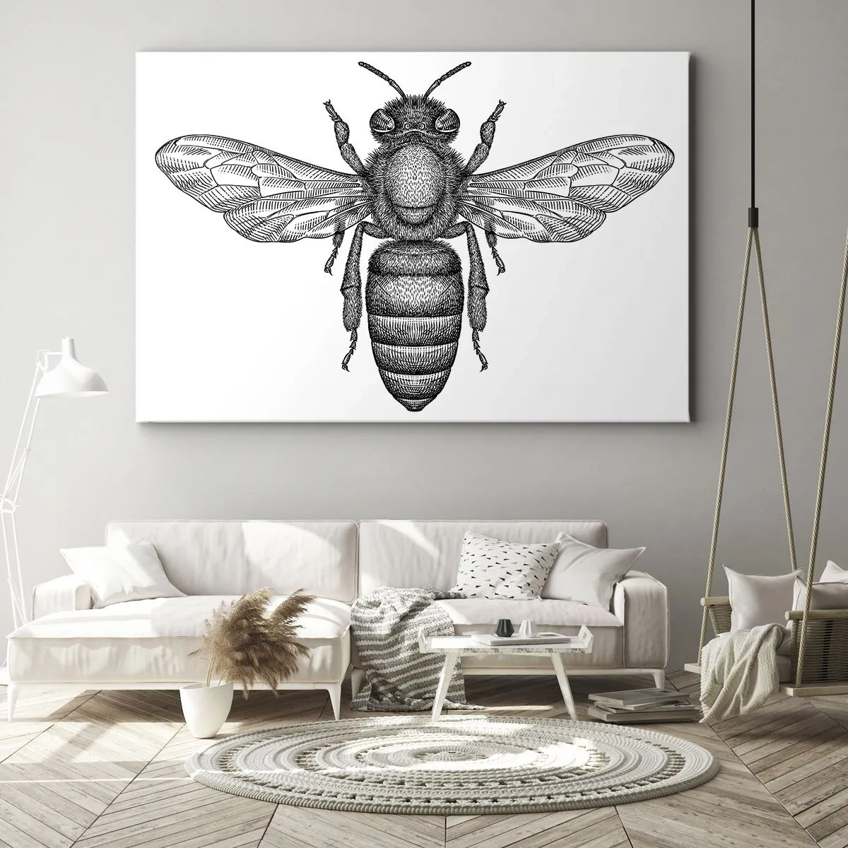Obraz na płótnie - Rysunkowy motyw pszczoły na białym tle w minimalistycznym stylu - 70x50cm - Owadzi portret - Nowoczesna dekoracja ścienna do salonu i sypialni ARTTOR