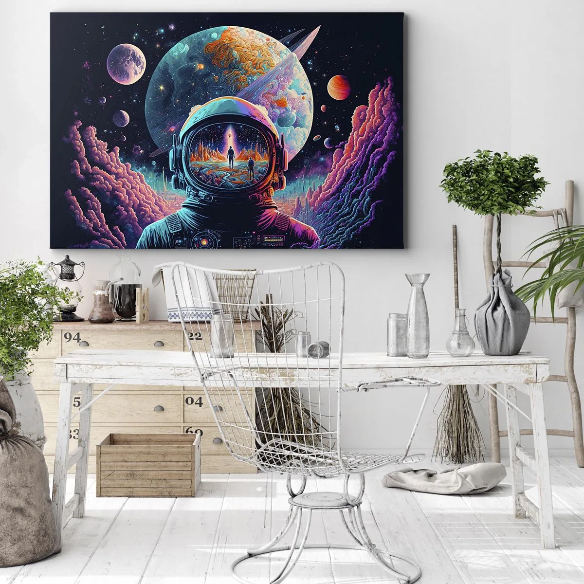 Obraz na płótnie - Astronauta w kosmosie z kolorowym pejzażem planetarnym - 70x50cm - Filozofom się nie śniło - Nowoczesna dekoracja ścienna do salonu i sypialni ARTTOR