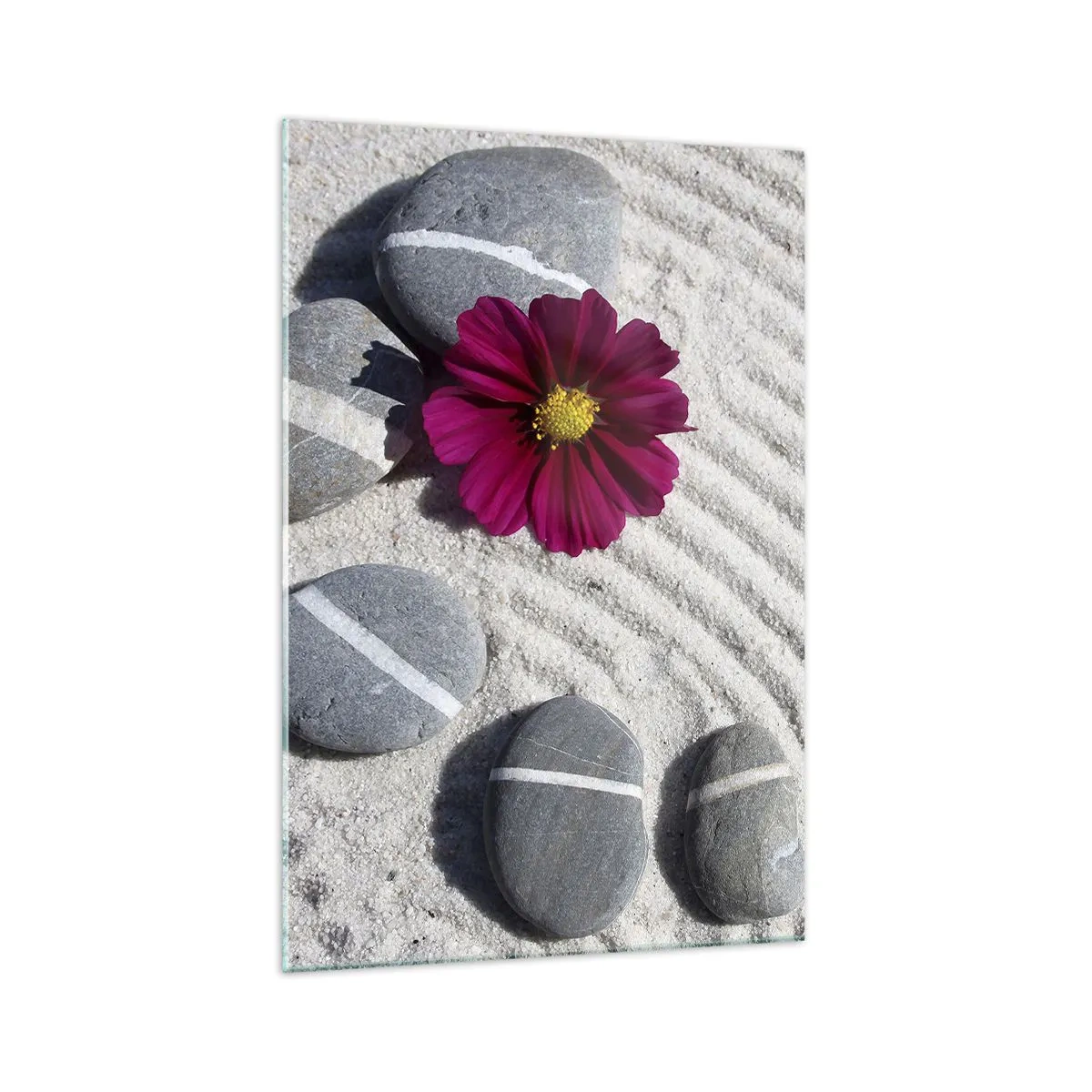 Obraz na szkle - Kamienie i różowy kwiat na piasku w stylu zen - 70x100cm - Energia i spokój magicznego kręgu natury - Nowoczesna dekoracja ścienna do salonu i sypialni ARTTOR