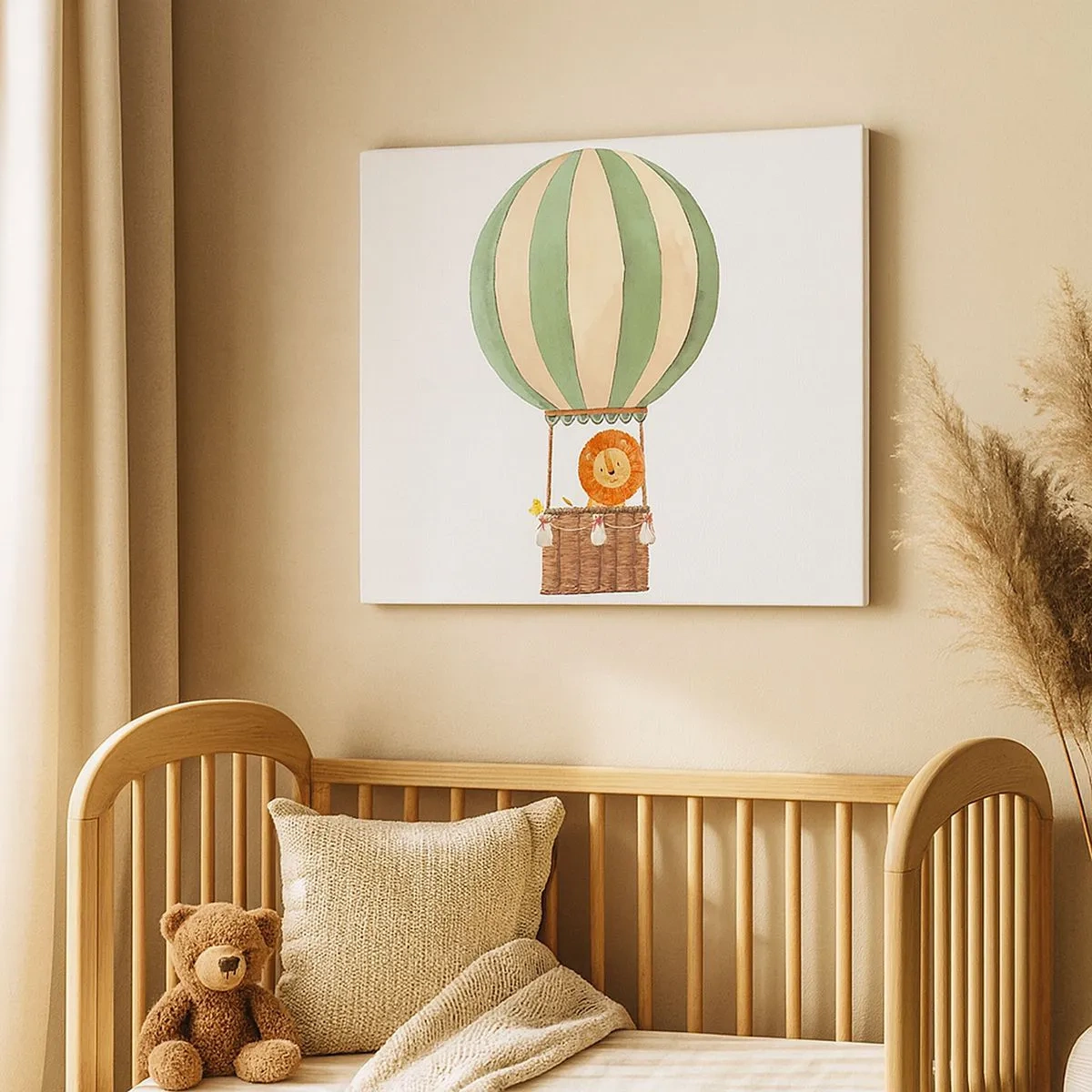 Obraz na płótnie - Balon z uśmiechniętym lwem w koszu w pastelowych barwach - 70x50cm - Podróże Leona - Nowoczesna dekoracja ścienna do salonu i sypialni ARTTOR