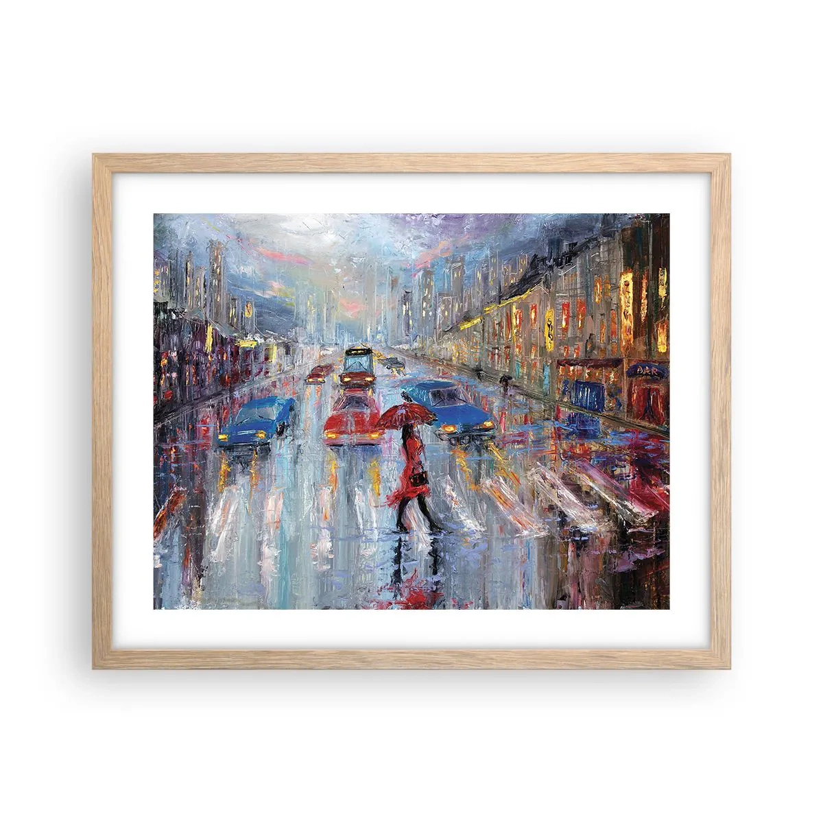 Plakat w ramie jasny dąb - Deszczowe popołudnie w mieście - 50x40 cm