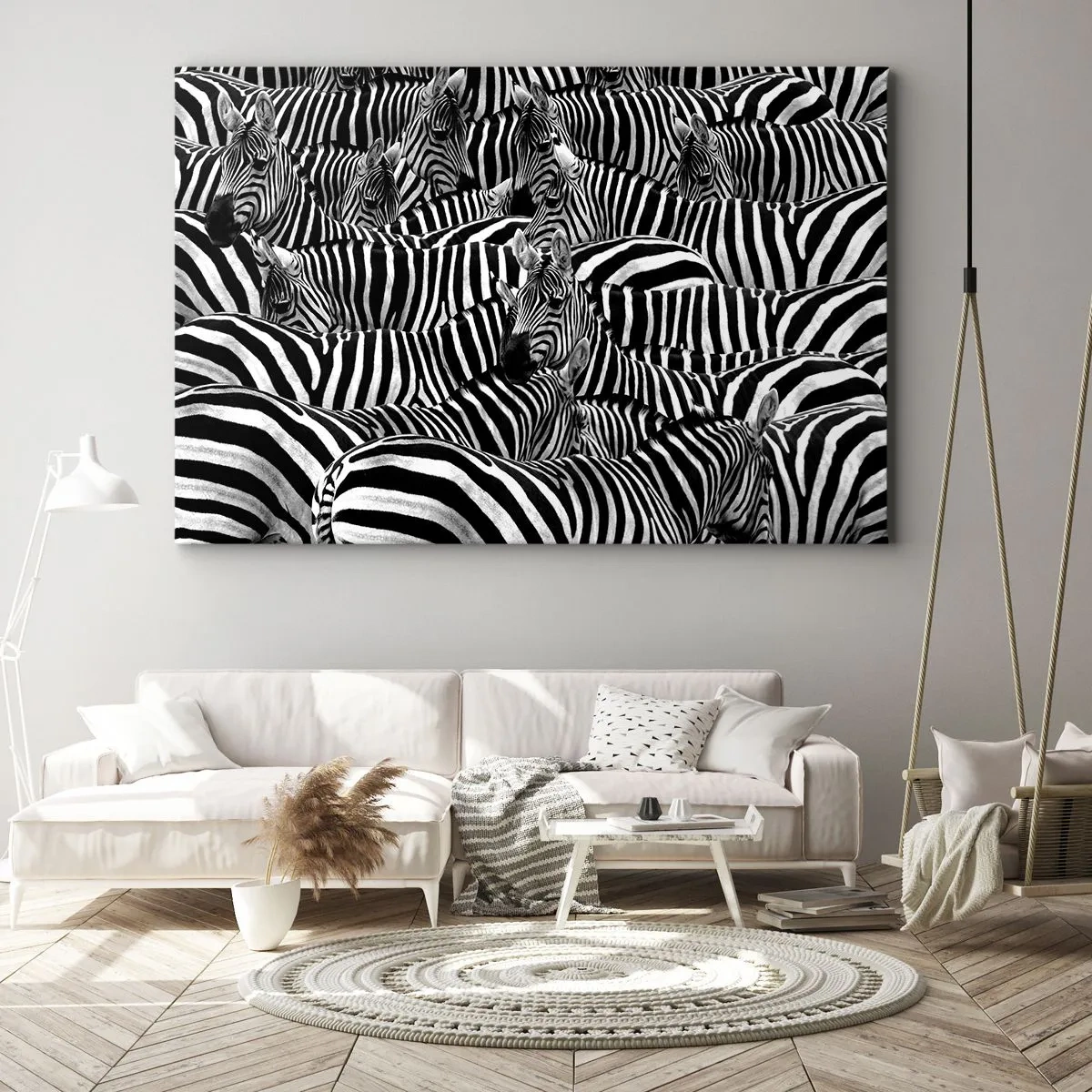 Obraz na płótnie - Grupa zebr z czarno-białymi paskami tworząca wzór symetrii. - 120x80cm - Portret zbiorowy w paski - Nowoczesna dekoracja ścienna do salonu, kuchni i sypialni ARTTOR