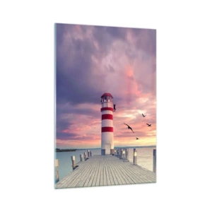 Obraz na szkle - Latarnia morska na molo w otoczeniu malowniczego zachodu słońca - 70x100cm - Pora do portu - Nowoczesna dekoracja ścienna do salonu i sypialni ARTTOR