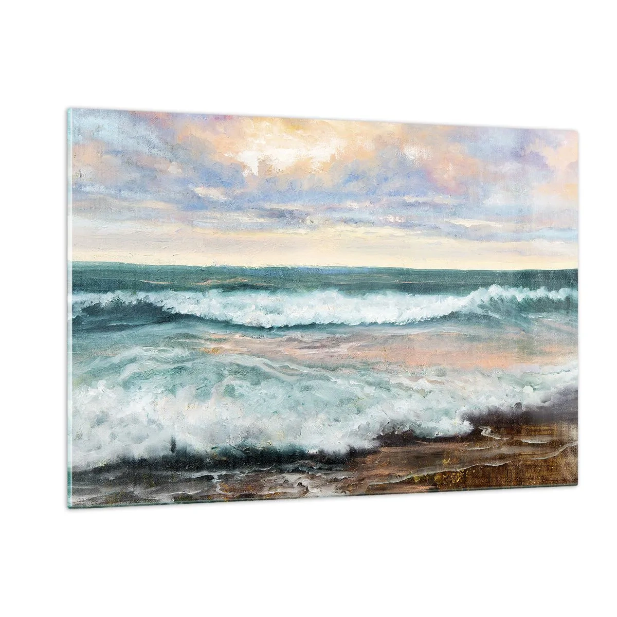 Obraz na szkle - Obraz malarski przedstawiający fale uderzające o brzeg - 120x80cm - Tutaj wygładzisz duszę - Nowoczesna dekoracja ścienna do salonu, kuchni i sypialni ARTTOR