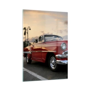 Obraz na szkle - Czerwony klasyczny kabriolet na tle zachodu słońca - 50x70cm - Czerwony żar tropików - Nowoczesna dekoracja ścienna do salonu, kuchni i sypialni ARTTOR