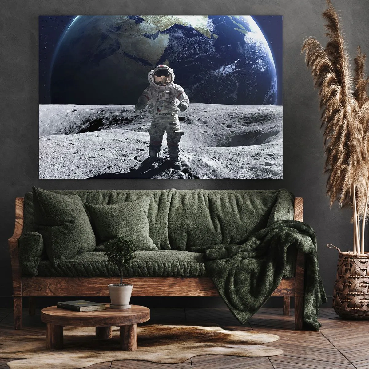Obraz na płótnie - Astronauta na powierzchni Księżyca z Ziemią w tle - 70x50cm - Pozdrowienia z Księżyca - Nowoczesna dekoracja ścienna do salonu i sypialni ARTTOR