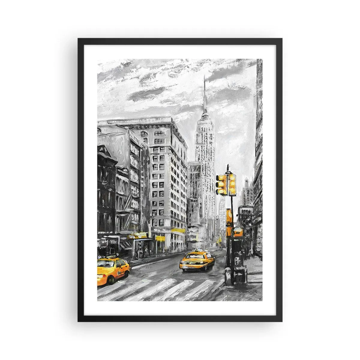Plakat w czarnej ramie - Ulica Nowego Jorku z żółtymi taksówkami w tle - 50x70cm - Nowojorska opowieść - Nowoczesna dekoracja ścienna do salonu i sypialni ARTTOR