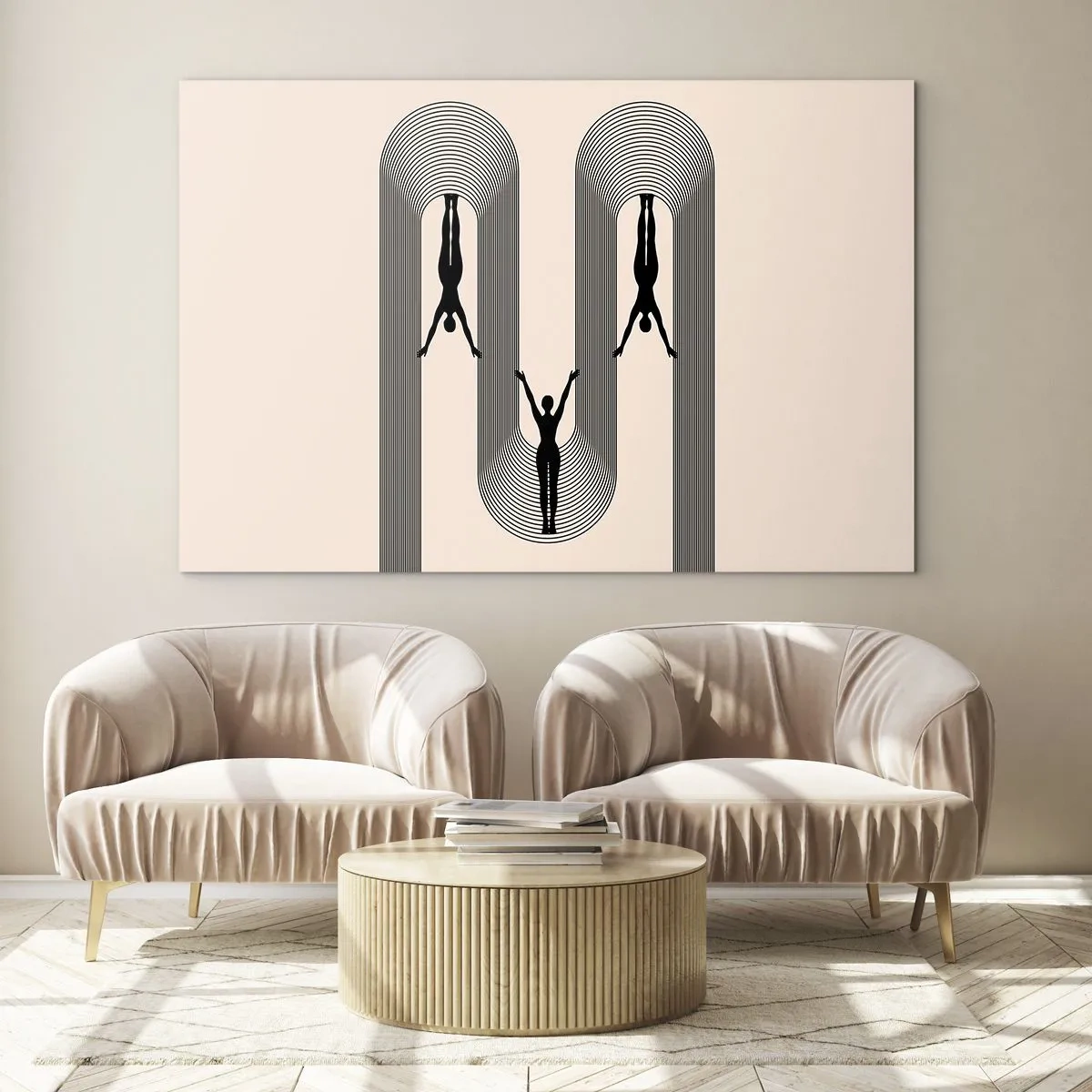 Obraz na szkle - Czarne sylwetki postaci zawieszone w rytmicznych łukach - 70x50cm - Do góry nogami - Nowoczesna dekoracja ścienna do salonu i sypialni ARTTOR