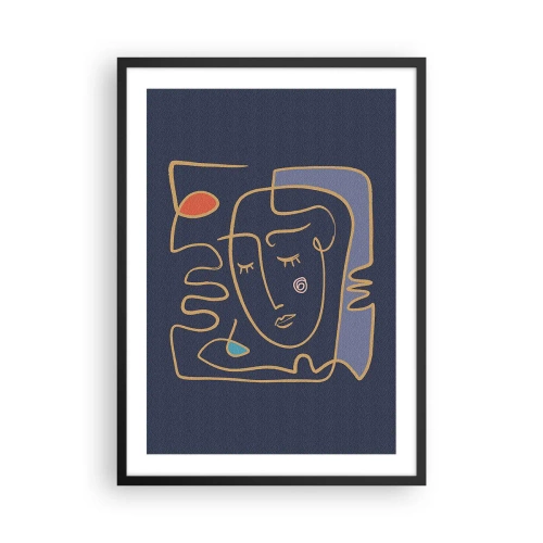 Plakat w czarnej ramie - Minimalistyczna abstrakcyjna twarz na granatowym tle w stylu line art - 50x70cm - W zamyśleniu - Nowoczesna dekoracja ścienna do salonu i sypialni ARTTOR