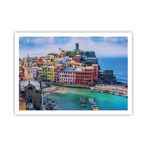 Plakat - Kolorowe miasteczko nad morzem z malowniczym portem - 100x70cm - Śródziemnomorskie magiczne miasteczko - Nowoczesna dekoracja ścienna do salonu i sypialni ARTTOR